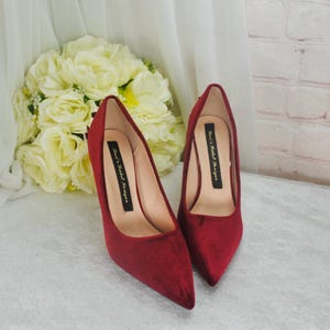 Burgundy Velvet Stiletto Heels with Gold Vine Details, Wine Red Handmade Luxury Bridal Shoes image 9