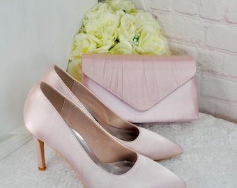 Handmade Pink Satin Bridal Set: Heels, Clutch Bag Fascinator