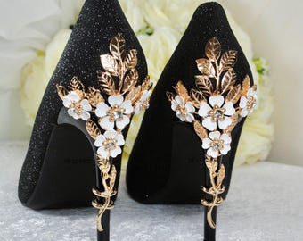 Black Glitter Shimmer Heels: Floral Cherry Blossom Bridal Shoes