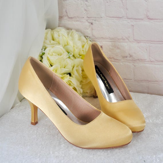 Gold Satin Wedding Heels: Custom Colour Bridal Shoes, Comfortable Mid Heel Gold Satin Wedding Heels: Custom Colour Bridal Shoes, Comfortable Mid Heel