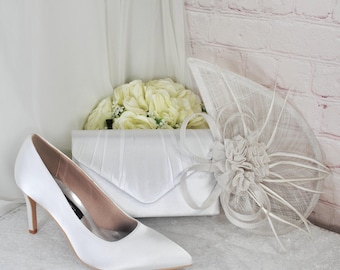 White Satin Bridal Set: Heels, Clutch Bag & Fascinator Hatinator