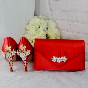 Red Satin Clutch Bag: Handmade Cherry Blossom Bridal Purse