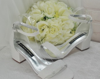 Ivory Glitter Shimmer Block Heel Sandals, Comfortable Low Heel Bridal Shoes with Chunky Heels Wedding Shoe for Bride Bridesmaid Party