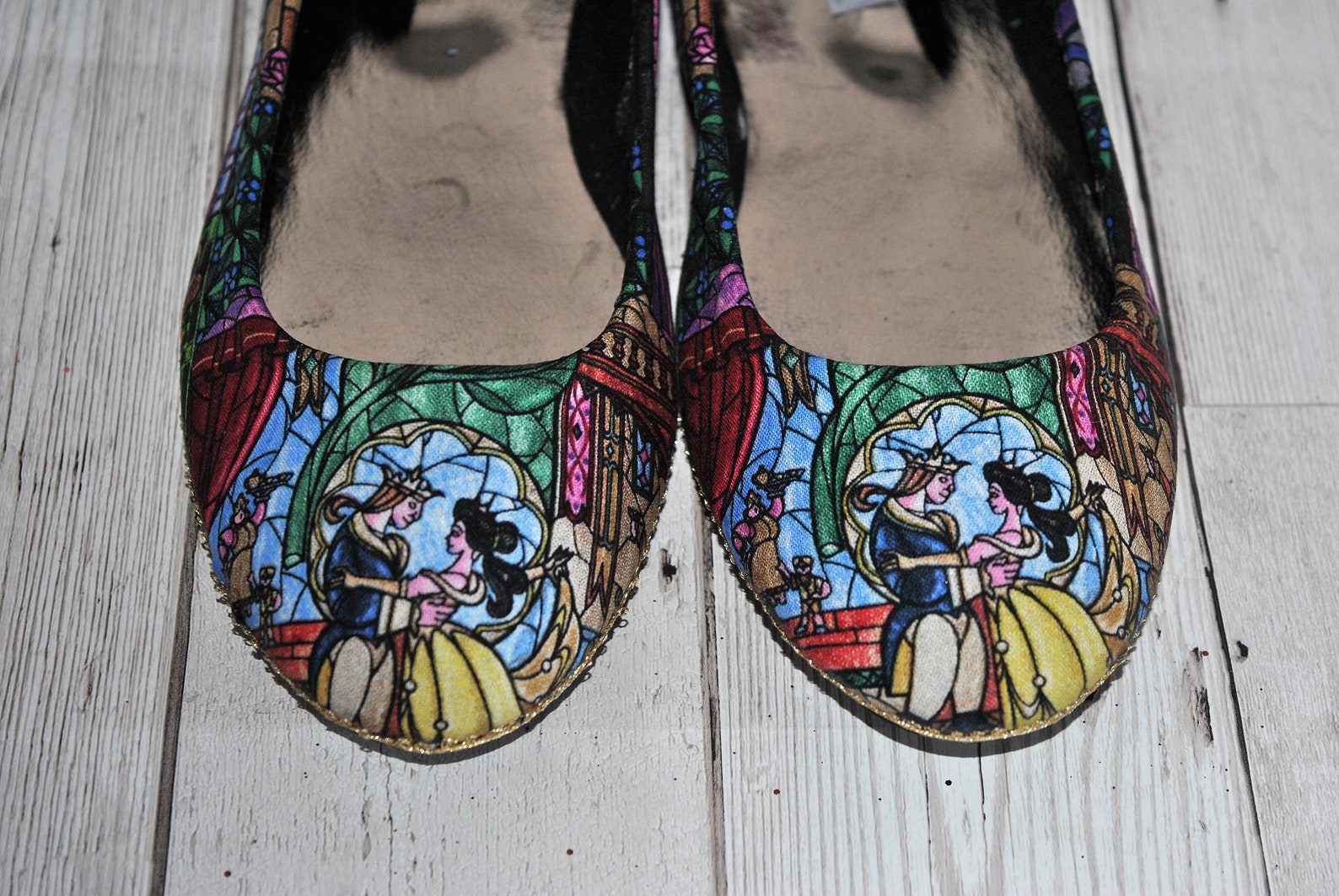 beauty and the beast stained glass fabric ballet flats and clutch bag - wedding party bridesmaid shoes