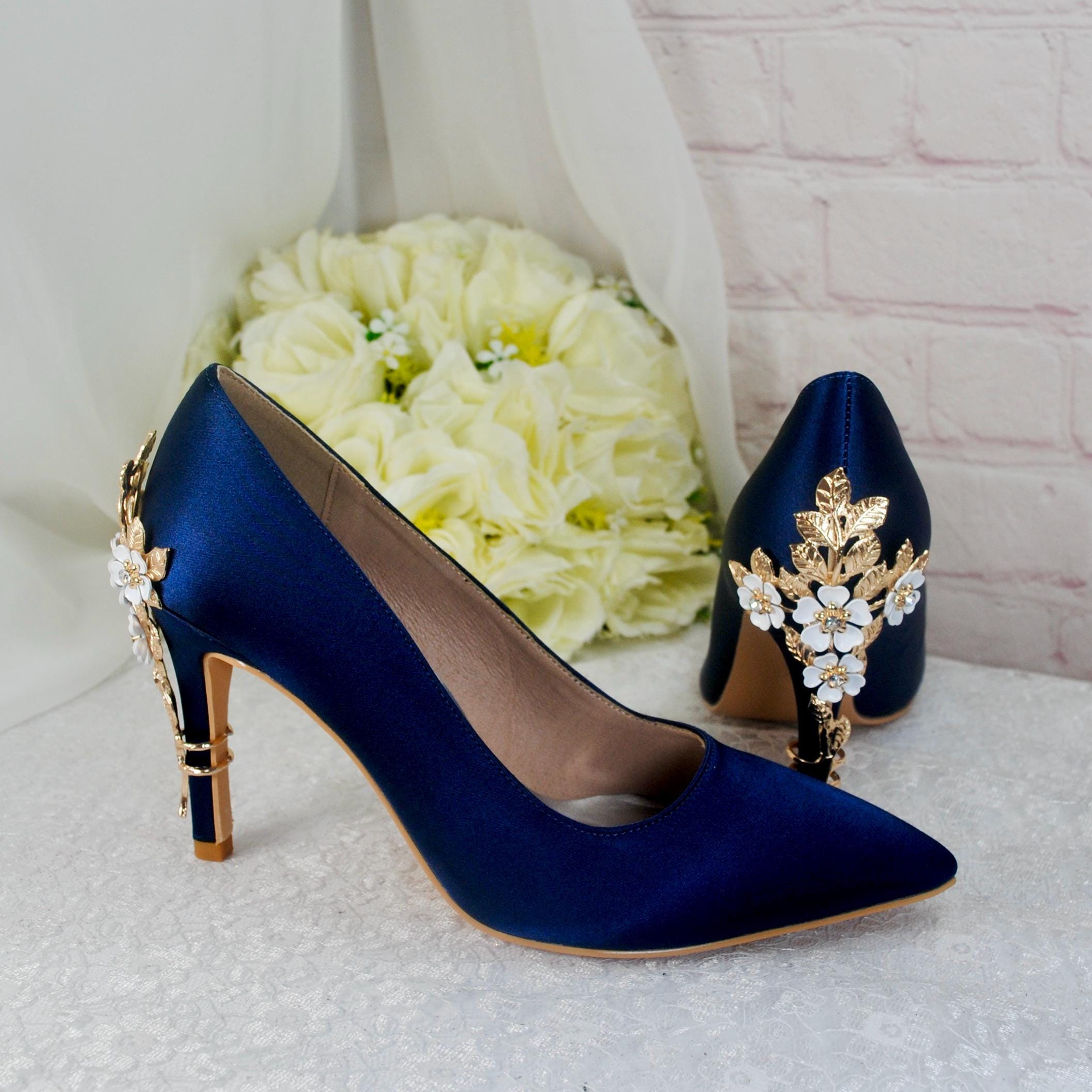 Navy Satin Heels: Golden Floral Cherry Blossom Embellishment