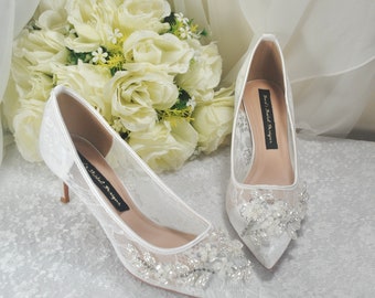 Lace Wedding Shoes, 3cm - 9cm Heel, Low Heel Shoes for Bride, Kitten Heel Bridal Shoe, Floral Embellished Hen Do Party Occassion Engagement