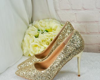 Gold Glitter Stiletto Heels, Pointed Toe Designer Bridal Shoes