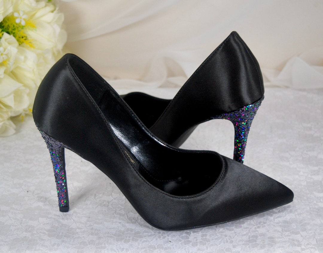 Beautiful Black Satin With Glitter Embellished Heels, Bridal Wedding