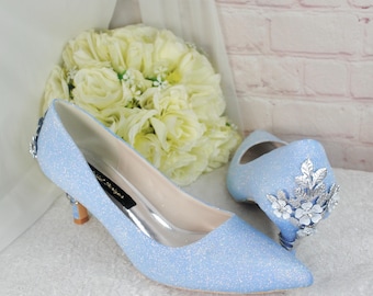 Blue Glitter Kitten Heel Bridal Shoes: Silver Cherry Blossom Wedding Heels