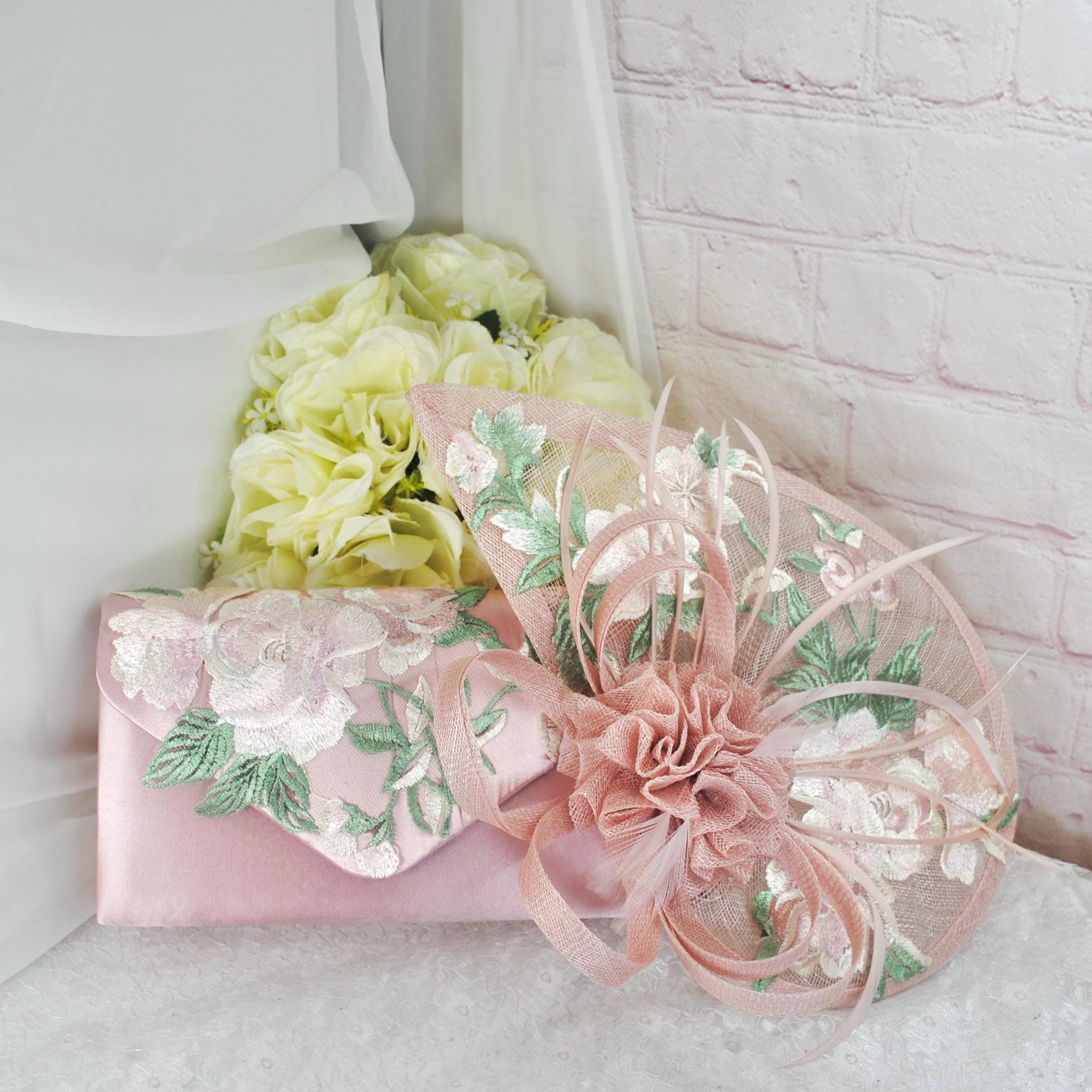 Pink Fascinator Hat and Clutch Bag Set: Floral Embroidered 