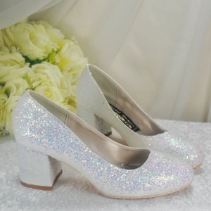 Bridal White Sparkling Glitter Wedding Sandals: Block Heels for Bride, Bridesmaids