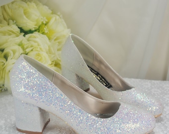 Bridal White Sparkling Glitter Wedding Sandals: Block Heels for Bride, Bridesmaids