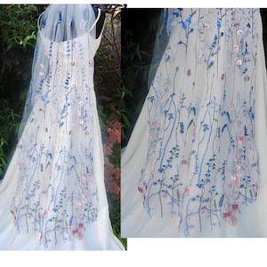 Blue Meadow Flower Floral Veil, Beautiful Wedding Veil with Blue Flowers