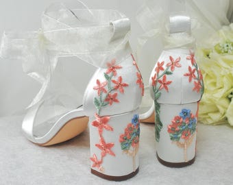 Block Heel Bridal Sandals with Floral Flower Embroidered Heel