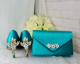 Sapatos de noiva de cetim azul-petróleo: sapatos de noiva turquesa feitos à mão