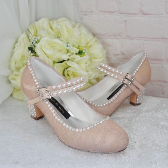 Champagne Satin and Lace Bridal Shoes, Block Heel Mary Jane Shoes - Main Image