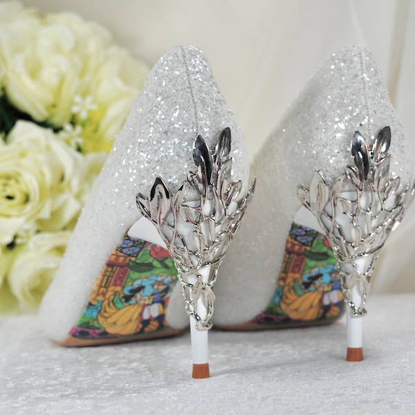 Stunning Princess Sparkling Glitter Wedding Shoes, Beauty and the Beast Bridal Shoes, 7cm Kitten Heel