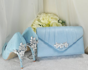 Blue Suede Clutch Bag with 'Cherry Blossom' Embellishment, Wedding Purse, Box Clutch, Bridal Bag, Evening Bag, Bridesmaid Handbag