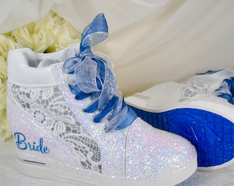 Beautiful White Glitter Bridal Shoes - Wedge Wedding Trainers / Sneakers