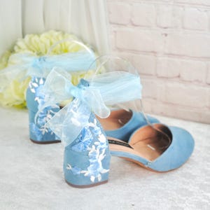 Blue Suede Low Heel Bridal Sandals with Floral & Butterfly Embroidery, Wedding Shoes with Ankle Strap, Bridal Shoes with Block Heel