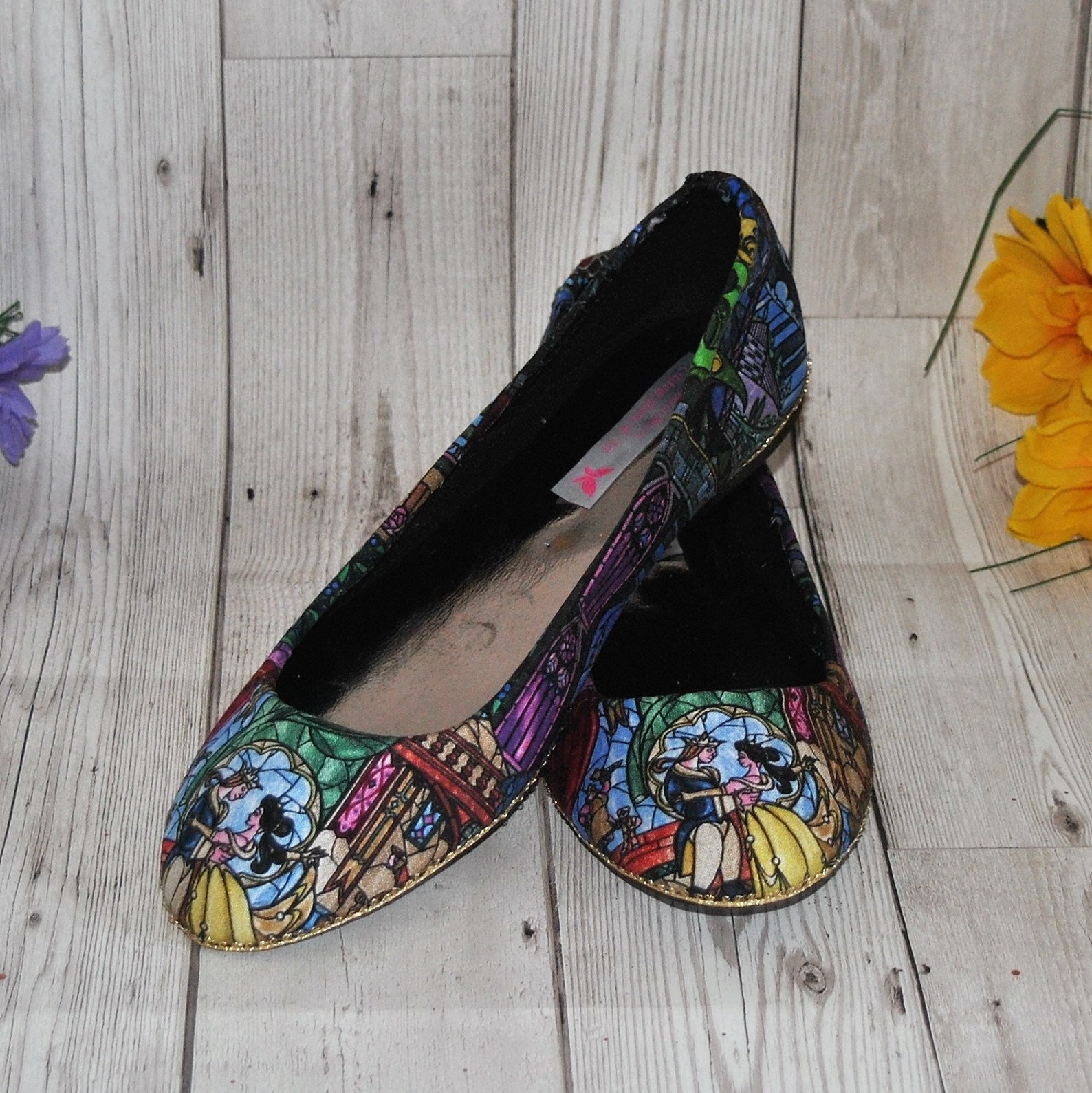 beauty and the beast stained glass fabric ballet flats and clutch bag - wedding party bridesmaid shoes