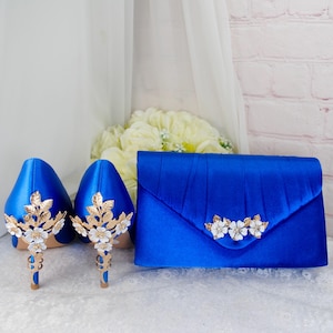 Royal Blue Satin Clutch: Handmade Wedding Purse with Cherry Blossom