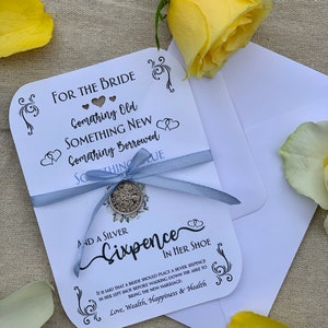 Recuerdo de boda Sixpence 'Algo viejo, nuevo...' Moneda de zapato del día de la boda de la novia. Auténtico recuerdo de seis peniques de plata y poema. Regalo perfecto. imagen 3