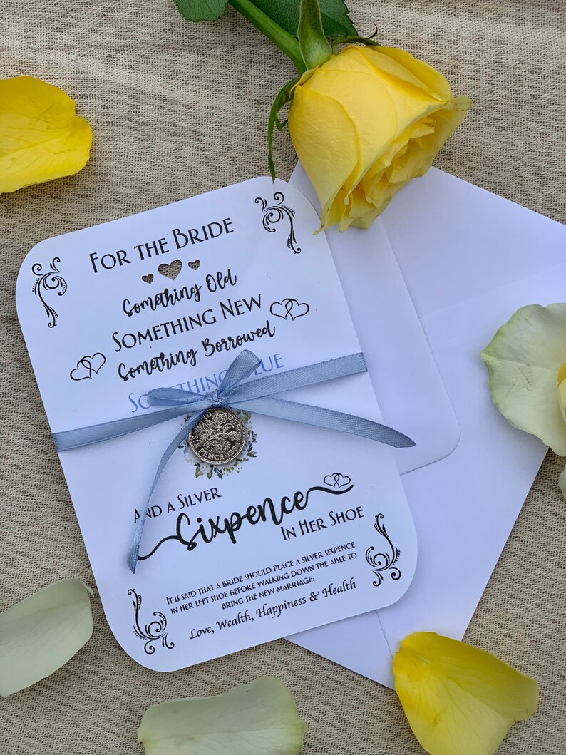 Recuerdo de boda Sixpence 'Algo viejo, nuevo...' Moneda de zapato del día de la boda de la novia. Auténtico recuerdo de seis peniques de plata y poema. Regalo perfecto. imagen 3