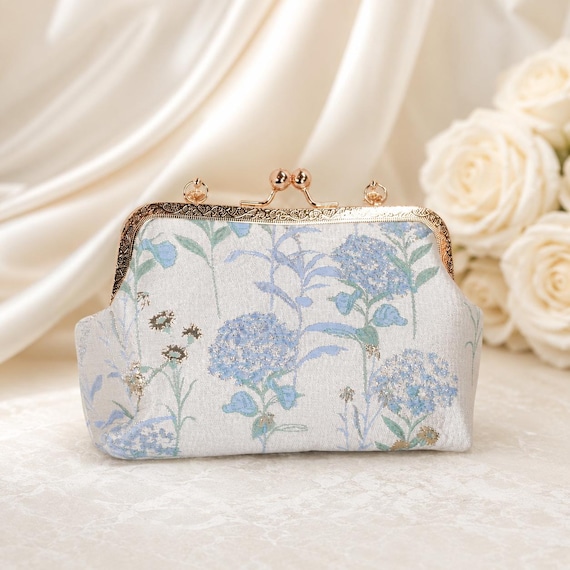 Floral Bridal Clutch: Luxury Blue Hydrangea Embroidered Bag