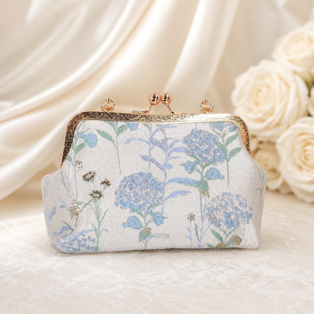 Floral Bridal Clutch: Luxury Blue Hydrangea Embroidered Bag
