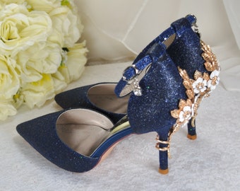 Navy Glitter Wedding Heels: Floral Cherry Blossom Bridal Shoes - Etsy Hong  Kong