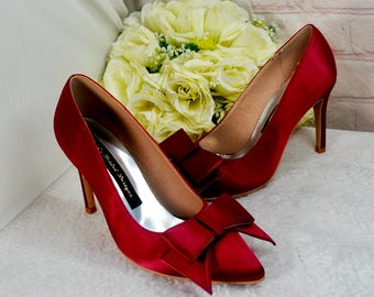 Burgundy Satin Bridal Heel and Clutch Set: Handmade Wine Red Wedding Shoes