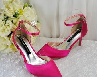 Fuchsia Rosa Satin Brudskor: 7,5 cm Klackar Hot Pink Bröllopssandaler UK7/US9.5