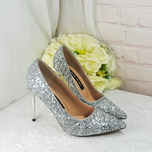 Funkelnde Silber Glitter Heels, 9 cm oder 7 cm Brautschuhe, Hochzeitsschuh für Braut Brautjungfer Party Hen Do