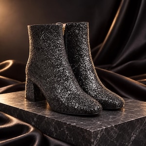 Puede incluir: Un par de botines cubiertos de purpurina negra con tac&oacute;n de bloque y cierre de cremallera lateral. Los botines presentan un dise&ntilde;o de punta redondeada y un acabado texturizado y brillante que refleja la luz por toda la superficie.