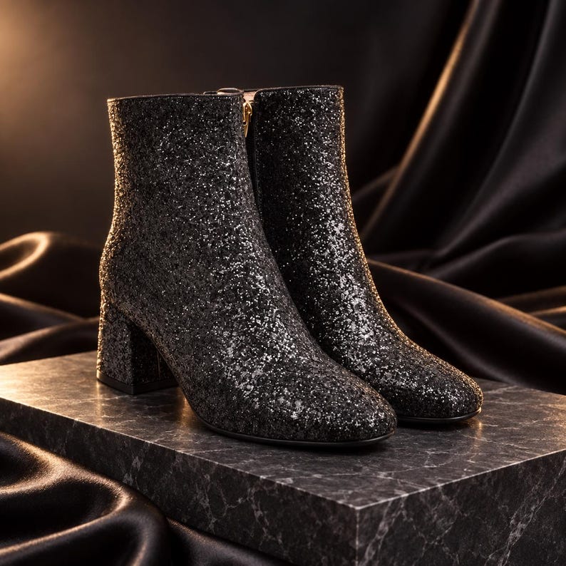 Puede incluir: Un par de botines cubiertos de purpurina negra con tac&oacute;n de bloque y cierre de cremallera lateral. Los botines presentan un dise&ntilde;o de punta redondeada y un acabado texturizado y brillante que refleja la luz por toda la superficie.