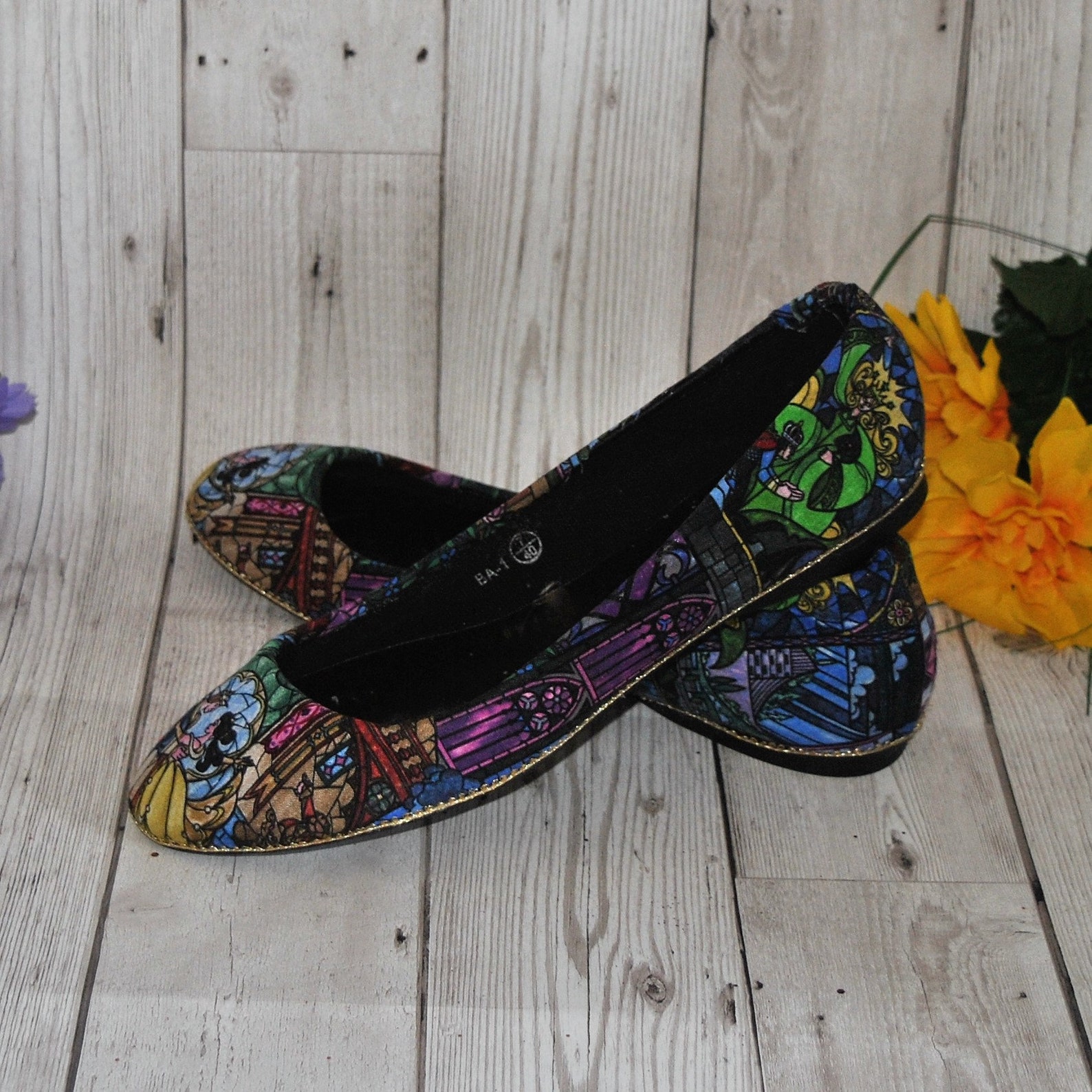 beauty and the beast stained glass fabric ballet flats and clutch bag - wedding party bridesmaid shoes