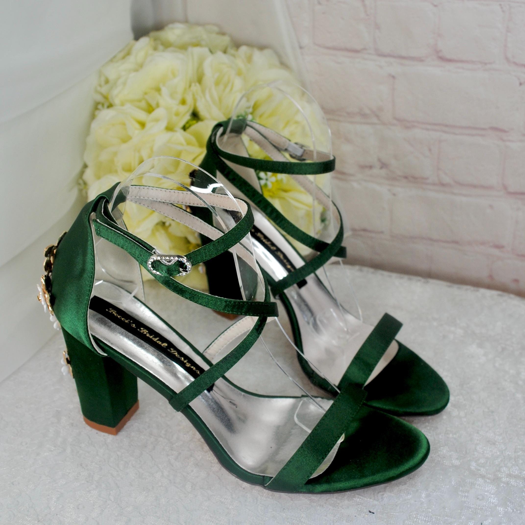 Emerald Green Bridal Sandals: Handmade Satin Block Heel Shoes with Floral Embellishment Emerald Green Bridal Sandals: Handmade Satin Block Heel Shoes with Floral Embellishment