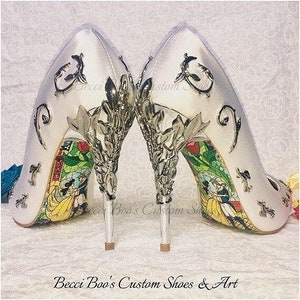 Disney Wedding Shoes Beauty and the Beast with Filigree Metal Leaf Heels and Vines. Becci Boo's Custom Shoes Handmade Designer Pumps