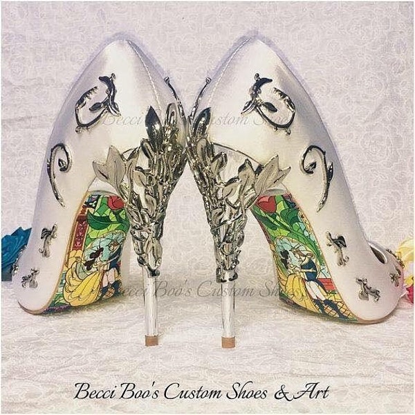 Disney Wedding Shoes Beauty and the Beast with Filigree Metal Leaf Heels and Vines. Becci Boo's Custom Shoes Handmade Designer Pumps