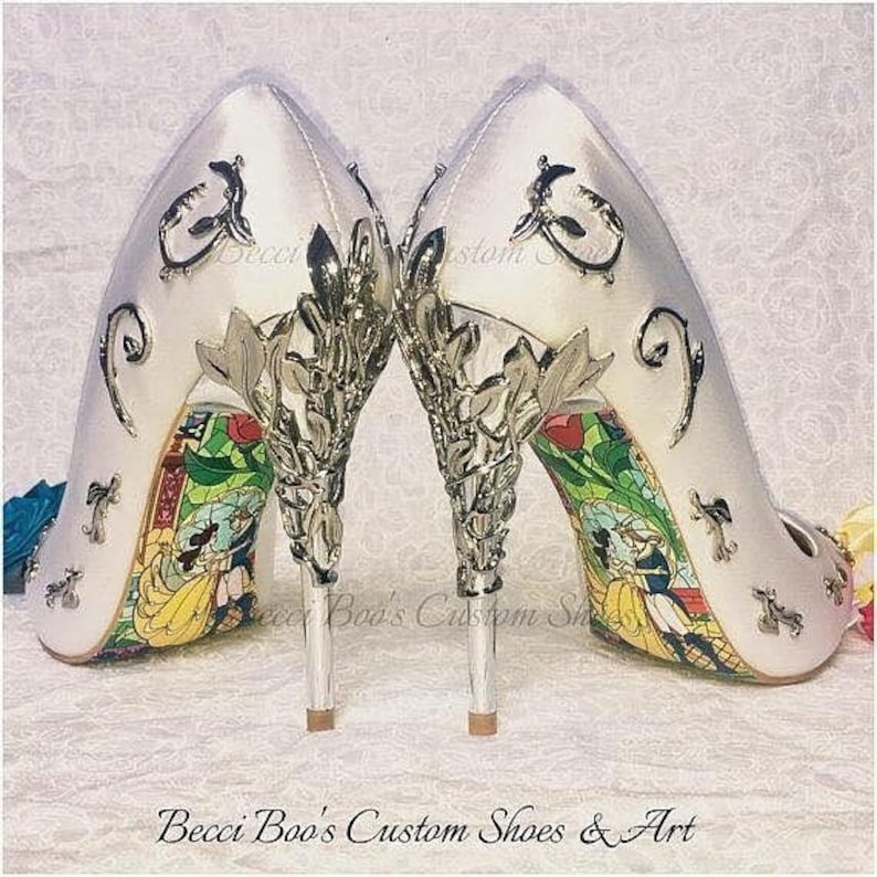 Disney Wedding Shoes Beauty and the Beast with Filigree Metal Leaf Heels and Vines. Becci Boo's Custom Shoes Handmade Designer Pumps 