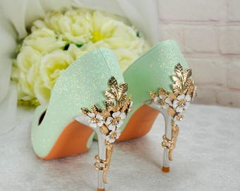Sage Green Glitter Heels: Gold Floral Bridal Pumps