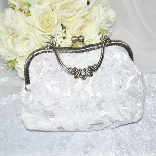Vintage Wedding Handbag White Lace with Gold Trim Clasp Bag Purse Clutch Stunning High Quality UK Handmade Accessory Wedding Bride