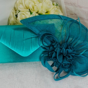 Teal Satin Clutch Bag and Fascinator Set: Handmade Bridal Hatinator