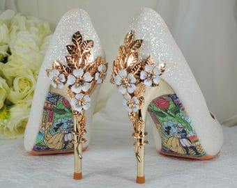Ivory Shimmer Satin Bridal Heels: Handmade Cherry Blossom Wedding Shoes