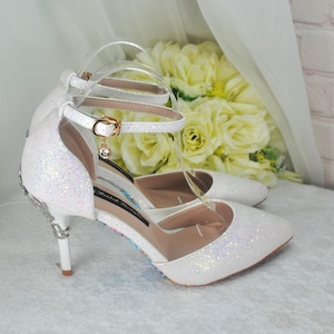 Sparkling White Glitter Bridal Sandals with Silver Vine Heel Details, Personalised Wedding Shoes, Shoe for Bride Guest Party