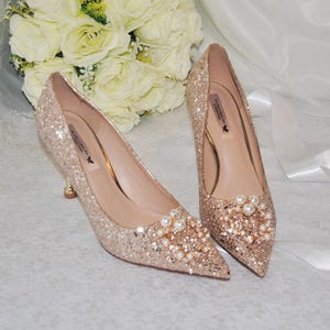 Sparking Champagne Gold Glitter Wedding Shoes with Pearl Embellishment Bridal Shoe Bride Bridesmaid Hen Do Engagement Party  UK5/US7.5
