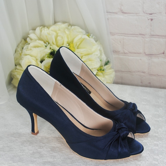 navy blue open toe dress shoes NIB Badgley Mischka GOODIE satin open toe pump evening bridal Heels Navy 6.5