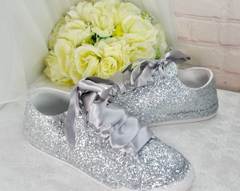 Silver Glitter Trainers Sneaker, Custom Wedding Shoes, Flat Bridal Pumps - Size UK7/US9.5