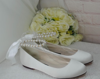 Handmade Satin Bridal Flats: Pearl Ankle Strap Wedding Shoes